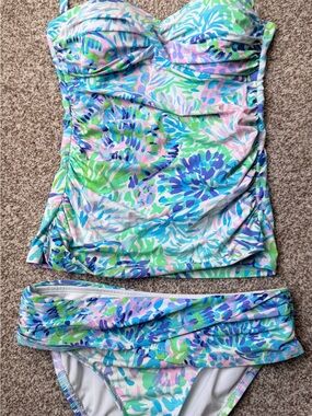 Lilly Pulitzer women's Pastel Teal Pink Purple Patterned Swim Top and bottoms